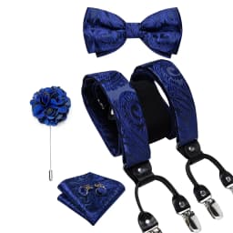Luxury White Men's Suspenders Adjustable 6 Clips Braces DiBanGu Leather Metal Pre-Tied Bow Tie Brooch Pocket Square Set