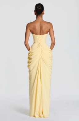 Mingmingxi Spring Summer Yellow Strapless Maxi Dress Ruched High Slit Evening Gown Bodycon Wedding Guest Party Dress Women