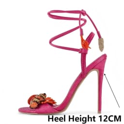 Onlymaker Women Open Round Toe Woven Embellished Ankle Strap Sandals Thin Heel Big Size Sandals