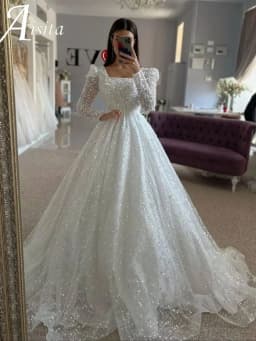 Customized Ivory Luxury Sequinned Square Collar Wedding Dress A-Line Long Sleeves vestidos de novia 2025 Formal Evening