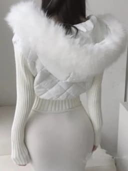 Chic Knitted Patchwork Double Zipper Short Jacket Women's Small Size Waist Cinching Slimming Faux Fur Collar Cotton Coat Trendy