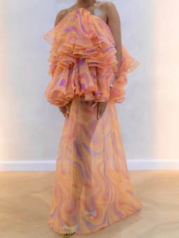 Print Halter Maxi Dress Off Shoulder Multi-Layer Ruffle Sheer Chiffon Loose Flowy Gown Boho Party Tiered Dress for Women