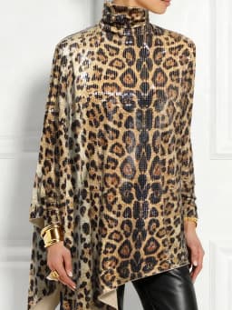 Casual Irregular Hem Sequin Blouses Women Elegant Leopard High Collar Long Sleeve Loose Tops Party Metallic Brown Pullover Shirt