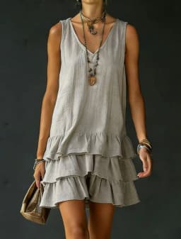 2026 Summer Casual Simple Solid Color Dress Women's Elegant Solid Color V-Neck Sleeveless Loose Layered Ruffle Edge Vest Dress