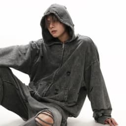 Autumn Winter Ripped Hole Punk Vintage Zip Up Hoodies Man Woman High Street Washed Distressed Sweatshirt Sudaderas
