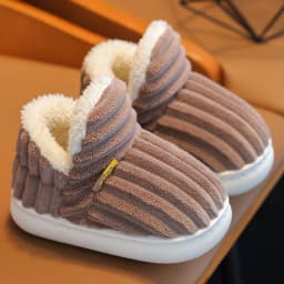 Winter Concise Stripe Children's Fluffy Slippers For Kids Boys Girls Non-slip Soft Sole Heel Wrap Warm High Home Cotton Shoes