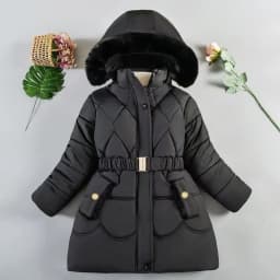 2024 New Winter Keep Warm Girls Jacket Waist Belt Design Detachable Hat Lining Plush Hooded Heavy Coat For Kids