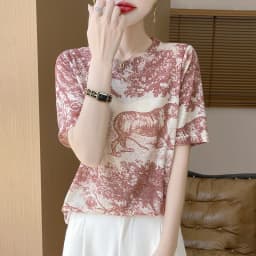 Summer New Women's Round Neck Printed Knitted Short-Sleeved Thin T-shirt Loose Bottoming Shirt
