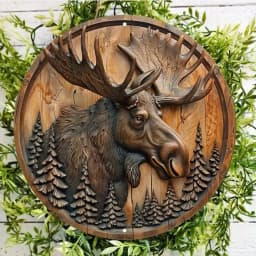 2D Rustic Wreath Circular Wall Decor 1pc - Moose & Pine Trees Wood Carving Design, Waterproof Aluminum Sign for Outdoor Use