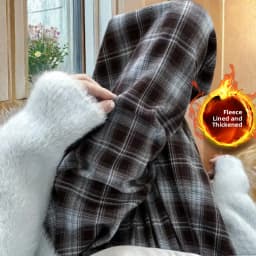 Afashion Lamb Velvet Fleece Lined Thick Plaid Casual Pants Women's Autumn Winter Loose Straight Leg Wide Leg Cotton Sleepwear Tr