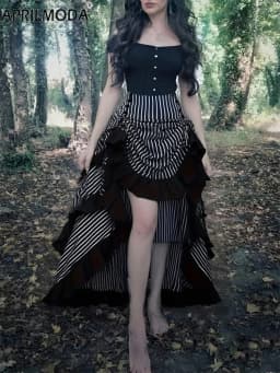 Gothic High Low Irregular Black Midi Long Skirt Bow Back White Striped Ruffles Adjustbale Steampunk Vintage Victorian Skirts Emo