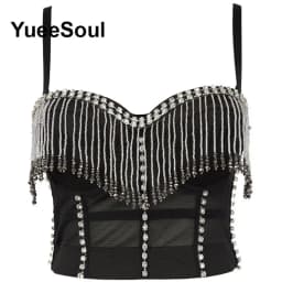 Black Y2K Tops White Rhinestone Sequins Tassel Slim Crop Top New Gothic Party Club Wedding High Street Sexy Corset Top Camis