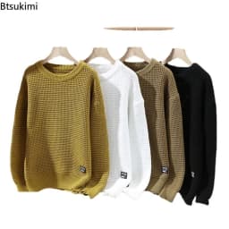 2026 Autumn Winter Men Pullovers Sweaters Knitted Top Round Neck Coarse Needle Full Sleeve Sweaters Solid Casual Loose Pullovers