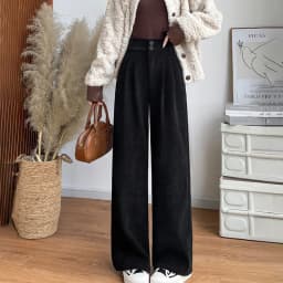 Winter Solid Color Plus Fleece Straight Pants Women Double Buttons Thicken Warm Corduroy Trousers Casual Comfortable Plush Pant