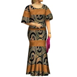 2022 New Samoan Puletasi Set Monstera Leaf Print Bat Sleeve Ptaha Blue Polynesian Top Maxi Fishtail Skirt Womens 2 Piece Set