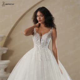 BEPEITHY Customized V Neck Bride Shinny Wedding Dresses 2025 Spring Sleeveless Ivory Sexy Low Back Bridal Lace Gown Vestidos