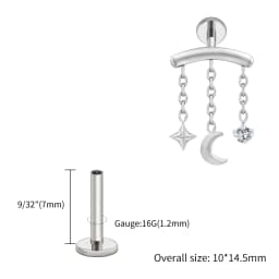 Right Grand ASTM F136 Titanium Hidden Helix Chain Earring 16G Dainty Star Moon CZ Dangle Cartilage Stud Piercing Jewelry