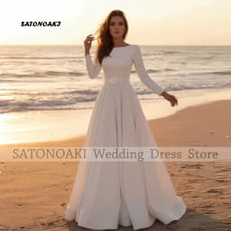 Customized Simple Beach White Ivory Satin Wedding Dress for Women Long Sleeve A-Line Bridal Gown Vestidos De Novia Robe Mariée
