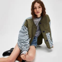 Cotton Printed Puff Sleeve Collarless Spliced Button Lightweight Cotton Jacket for Autumn/Winter 2025
