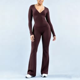 NCLAGEN Dyfe Gym Women Sets 2 Pcs Long Sleeve Deep-V T-shirt & Flare Leggings Naked Feel Trousers Fitness Suit Yoga Activewear