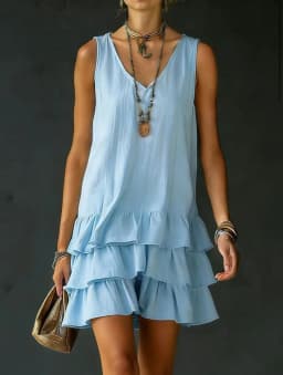 2026 Summer Casual Simple Solid Color Dress Women's Elegant Solid Color V-Neck Sleeveless Loose Layered Ruffle Edge Vest Dress