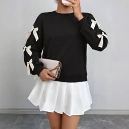 Round Neck Bow Sweatshirt Regular Length Sweet and Fresh with Pullover Patchwork Regular Sleeve Autumn Loose Fit Women Hoodie