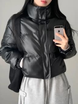 Chic Winter Thiened High Collar Zipper ort PU Leather Bread Sle Cotton Jaet Women's Faionable Versatile Loose Fit Coat