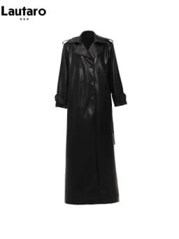 Lautaro Spring Autumn Extra Long Black Soft Pu Leather Trench Coat for Women Double Breasted Loose Casual Korean Fashion 2024