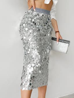 Women's Solid Color Sequin Midi Skirt High Waist Bodycon Sparkly Pencil Skirt Elegant Party Skirt For Evening Event & Dating