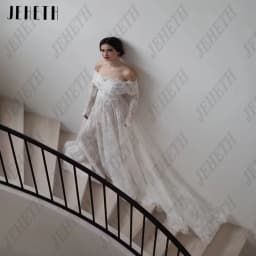 JEHETH Lvory Lace 2025 New Wedding Dresses Off The Shoulder Full Sleeves Bridal Gowns Women Sweep Train Bride Dresses Customized