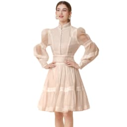 2024 French Elegant Lace Splicing Waist Lantern Sleeve Dress Vintage High Collar Princess Dress Organza Cocktail Women's Wear