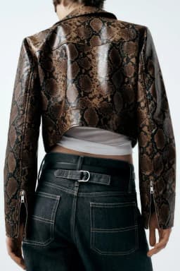 Elegant Brown Animal Print Leather Jacket Spring 2024 Fashion Short Outerwear Zipper Closure Long Sleeve Polyester Fiber