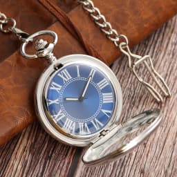 Transparent Glass Roman Numerals Blue Dial Automatic Mechanical Pocket Watch Silver Fob Chain Pendant Pocket Clock Vintage Gift