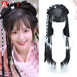 Synthetic Ancient Hanfu Wig One-Piece Full Head Set Design Wig Heat-Resistant Cosplay Party Dress Up Wig With Braids for Women