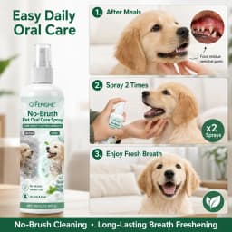 No-Brush Pet Dental Spray for Fresh Breath, Alcohol-Free Plant-Based Formula, Safe Daily Oral Care.