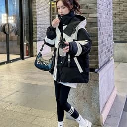 Black Medium long Parker Cotton Jacket Women's Winter 2026 New Korean version Loose Down cotton Splicing Hooded Coat Warm Top