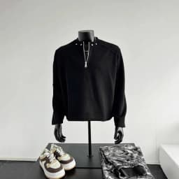 Men's Sweatshirt 2026 Spring Autumn Black Half Zip Shoulder Pad Sweatshirt Studded Regular Shoulder Edgy Cropped Sweater