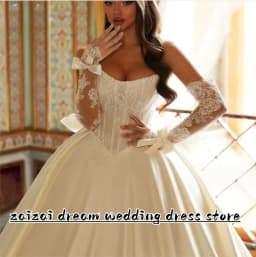 Customized Exquisite Scoop Neck Long Sleeve Ball Gown Wedding Dress Luxury Pearls Beading Satin Court Train Princess Bridal Gown