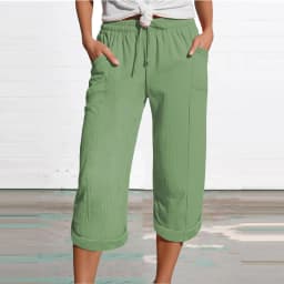 Women 3/4 Muslin Trouser Lightweight Linen Pants With Pockets Causal Loose Capri Trousers Elastic Comfortable Fabric Bottom