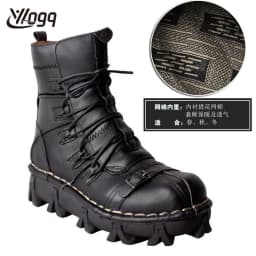 Men's Cowhide Genuine Leather Motorcycle Boots Combat Boots Gothic Skull Punk Desert Ankle Boots Botas50 Handmade