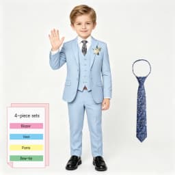 Boys Sky Blue Formal Suit 4PCS Set with Floral Tie Linen Blazer Vest Pants for Graduation Wedding Birthday Photoshoot 3-13 Years