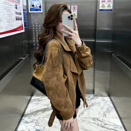 Women Faux Leather Coats Solid Jacket Turn Down Collar Long Sleeves Zipper Hem Belt Loose Fit Moto Streetwear 2026 Autumn Winter