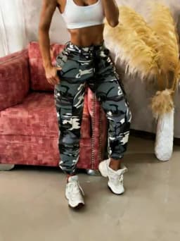 Camouflage Print Drawstring Pocket Design Cargo Pants Women Mid Waist Cargo Slim Pencil Pants