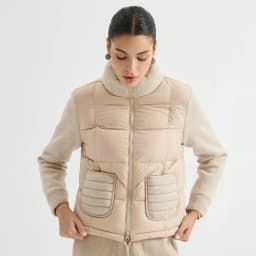 BD3621736 Women's Pure Wool Knit Hybrid Goose Down Jacket Chain Trim Pockets Stand Collar Two-Way Zip Old Money Early Autumn