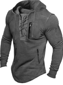2026 Men Autumn Spring Top Lace Up Drawstring Solid Color Long Sleeve Zipper Pockets Pullover Streetwear Men Mid Length Hoodie