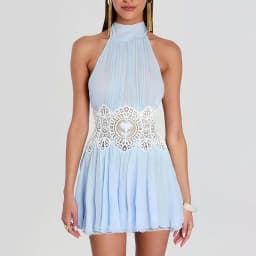 Sexy Women's Pleated Patchwork Mini Dress Halter Hollow Backless Ribbon Blue A-line Dresses 2026 Summer Beach Vacation Vestidos