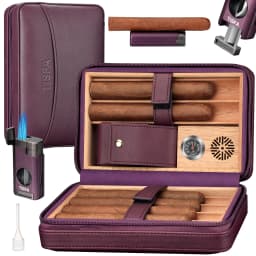 Cigar Humidor, Leather Cedar Wood Cigar Case with Cigar Lighter, V Cut Cigar Cutter,Cigar Holder 3 in 1 Travel Cigar Humidor Box