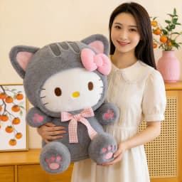 20/30/45/60CM Cute Grey Cat Hello Kitty Plush Doll Checkered Bow Kt Stuffed Toy Soft Pillow Home Room Decoration Birthday Gift