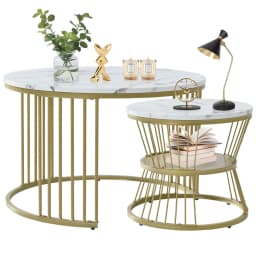 Rosahqnda Marble Look Coffee Table,Round Gold/Black Frame,Set of 2,Modern Living Room Stackable Table,Side Table for Living Room