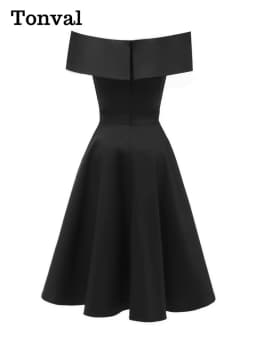 Tonval Vintage Off the Shoulder Party Sexy Evening Birthday Dresses Prom Elegant Women Fit and Flare Cotton Dress